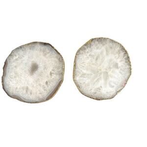 White Agate Coasters Set of 2 Gold Rimmed 4" Stone Slices Made in India
